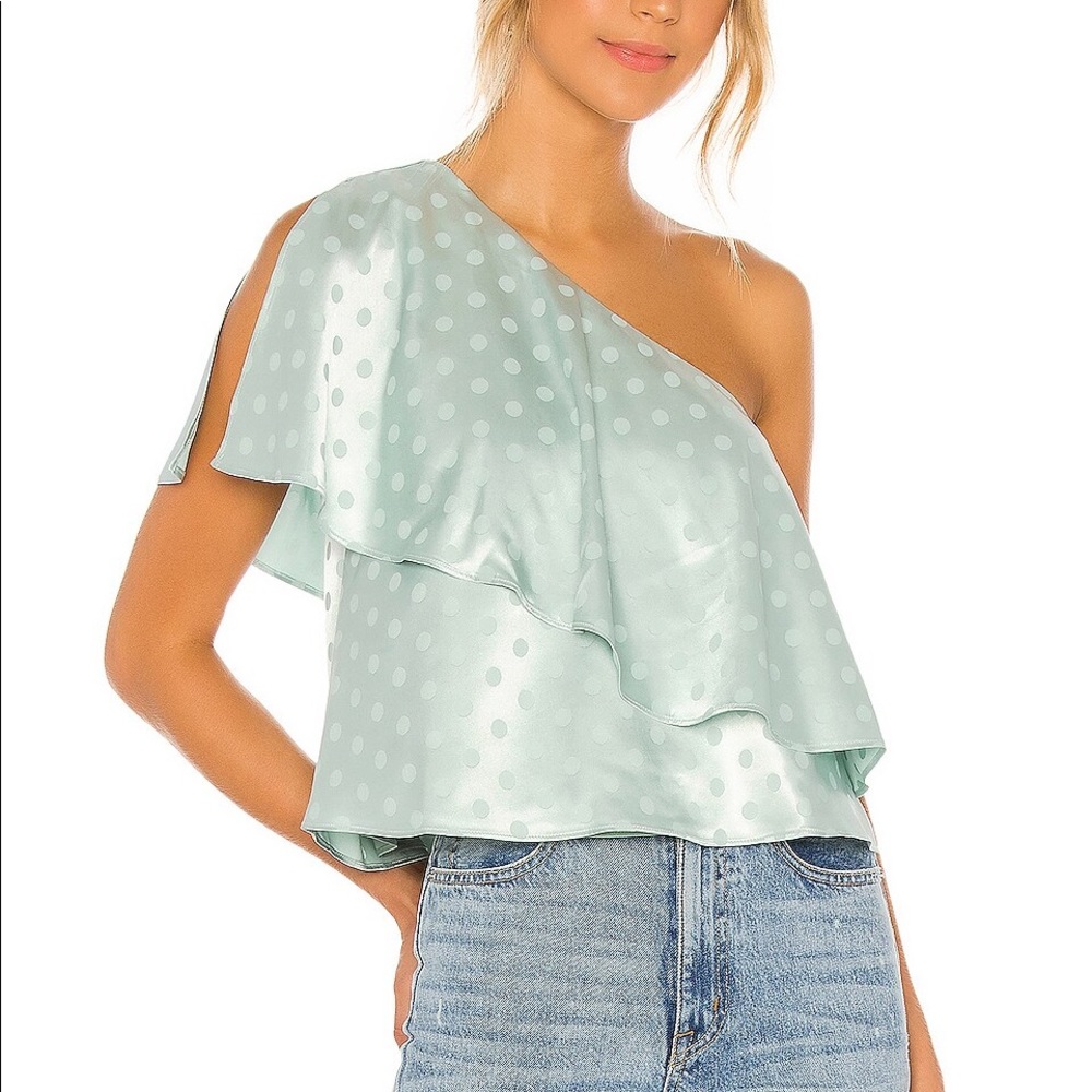 House of Harlow 1960 Mint Green One-Shoulder Polka Dot Ruffle Top